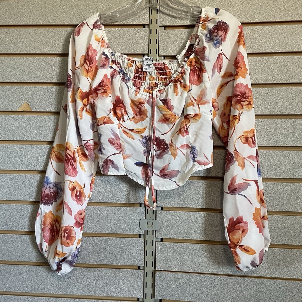 Rue 21 NWOTS Chiffon White Flowered Floral Long Sleeve‎ Crop Top Size M Medium